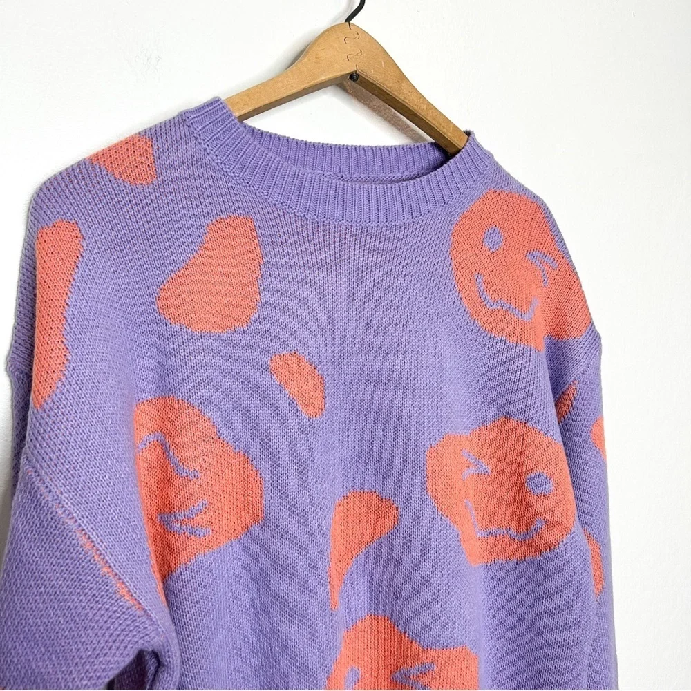 SHEIN Smiley Face‎ Emoji Pastel Purple Knit Crew Neck Sweater Medium M